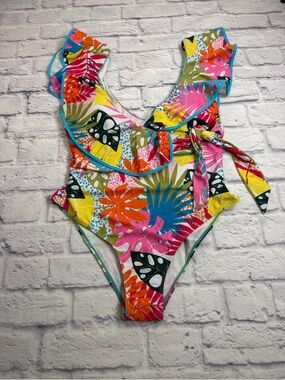 Tropical One-Piece Swimsuit with Ruffle & Side Tie - Multicolor. Size XL.